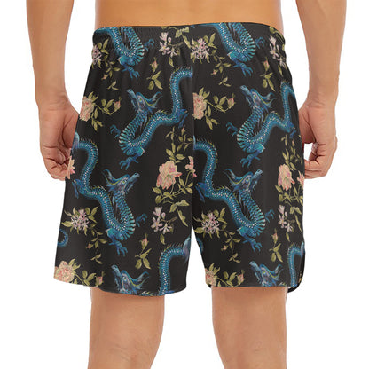 Chinese Dragon And Flower Pattern Print Men's Split Running Shorts