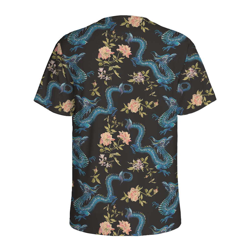Chinese Dragon And Flower Pattern Print Men's Sports T-Shirt