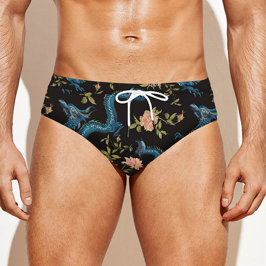 Chinese Dragon And Flower Pattern Print Men's Swim Briefs