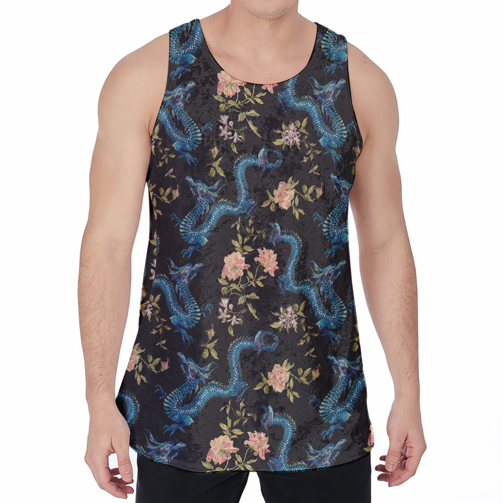 Chinese Dragon And Flower Pattern Print Men's Velvet Tank Top