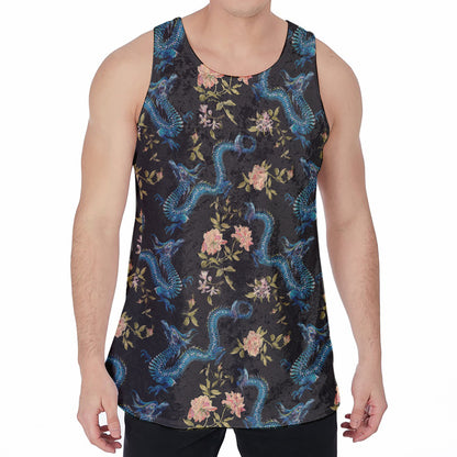 Chinese Dragon And Flower Pattern Print Men's Velvet Tank Top