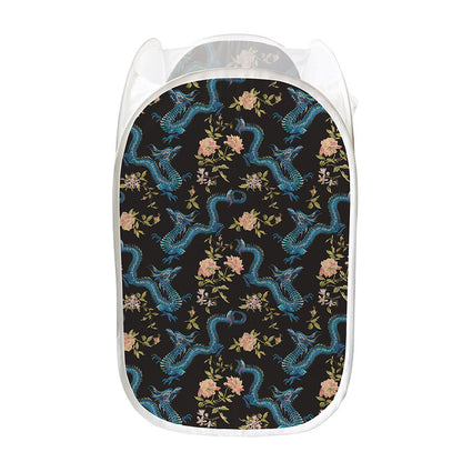 Chinese Dragon And Flower Pattern Print Mesh Laundry Hamper