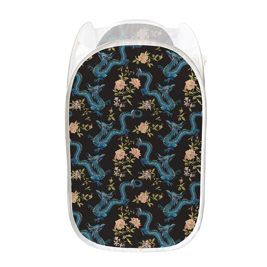 Chinese Dragon And Flower Pattern Print Mesh Laundry Hamper