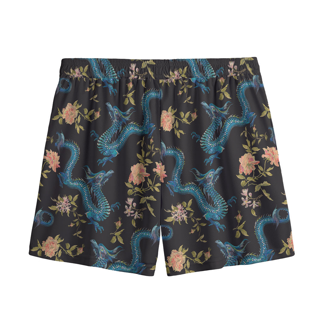 Chinese Dragon And Flower Pattern Print Mesh Shorts