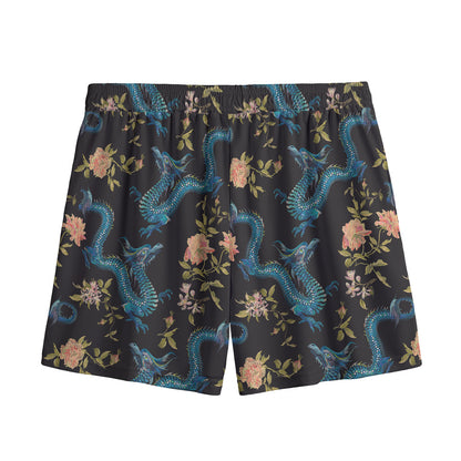 Chinese Dragon And Flower Pattern Print Mesh Shorts