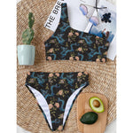 Chinese Dragon And Flower Pattern Print One Shoulder Bikini Top
