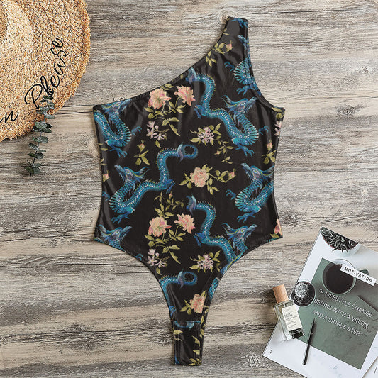 Chinese Dragon And Flower Pattern Print One Shoulder Bodysuit