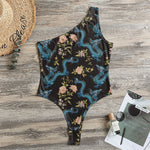 Chinese Dragon And Flower Pattern Print One Shoulder Bodysuit