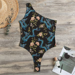 Chinese Dragon And Flower Pattern Print One Shoulder Bodysuit