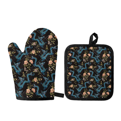 Chinese Dragon And Flower Pattern Print Oven Mitt And Pot Holder Set