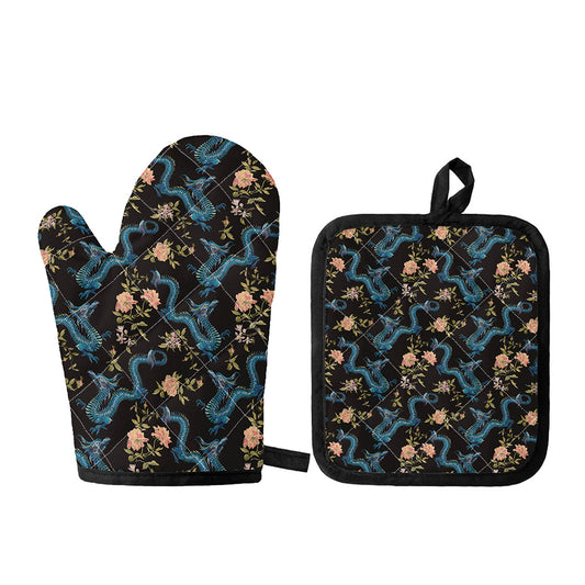 Chinese Dragon And Flower Pattern Print Oven Mitt And Pot Holder Set