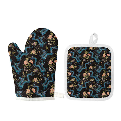 Chinese Dragon And Flower Pattern Print Oven Mitt And Pot Holder Set