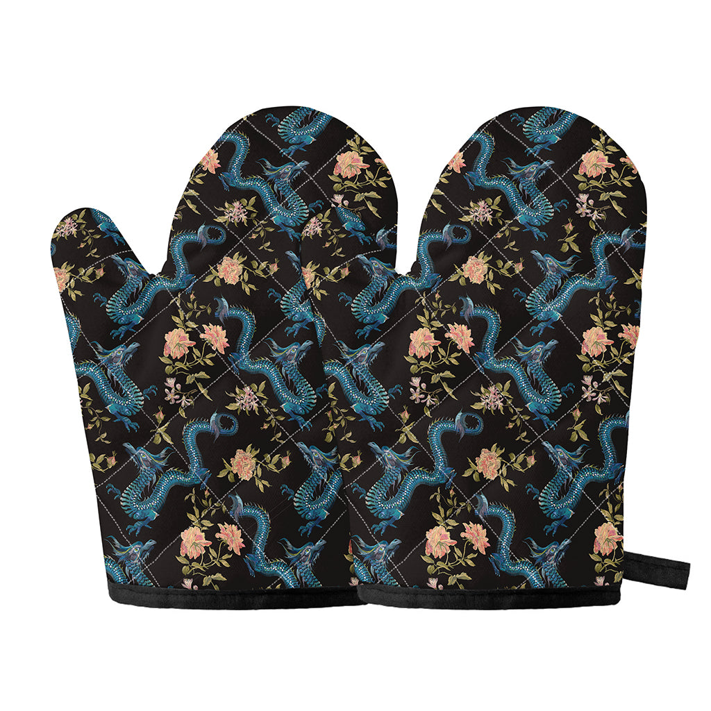 Chinese Dragon And Flower Pattern Print Oven Mitts