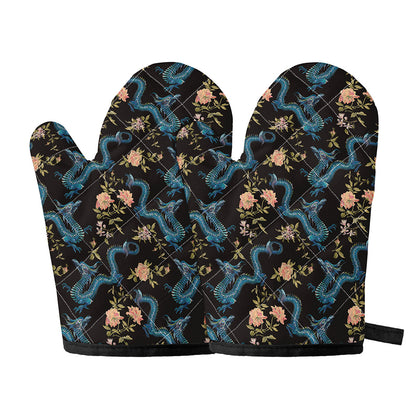 Chinese Dragon And Flower Pattern Print Oven Mitts