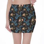 Chinese Dragon And Flower Pattern Print Pencil Mini Skirt