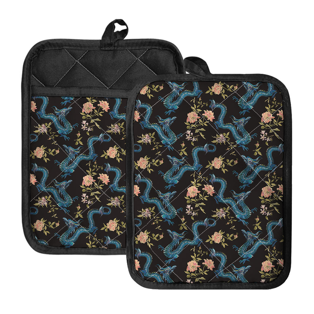 Chinese Dragon And Flower Pattern Print Pot Holders With Pocket