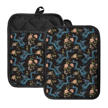 Chinese Dragon And Flower Pattern Print Pot Holders With Pocket