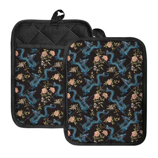 Chinese Dragon And Flower Pattern Print Pot Holders With Pocket
