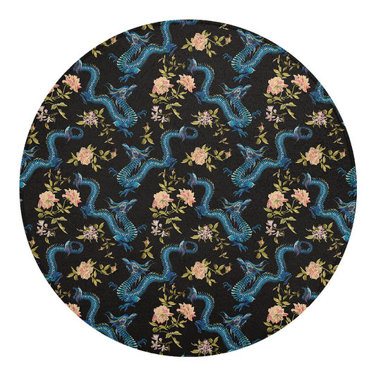 Chinese Dragon And Flower Pattern Print Round Blanket