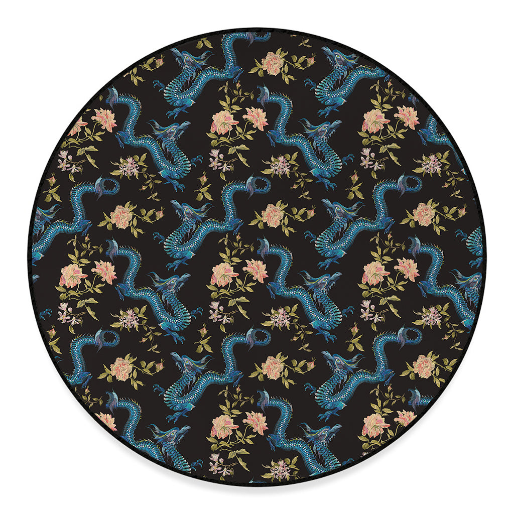 Chinese Dragon And Flower Pattern Print Round Floor Mat