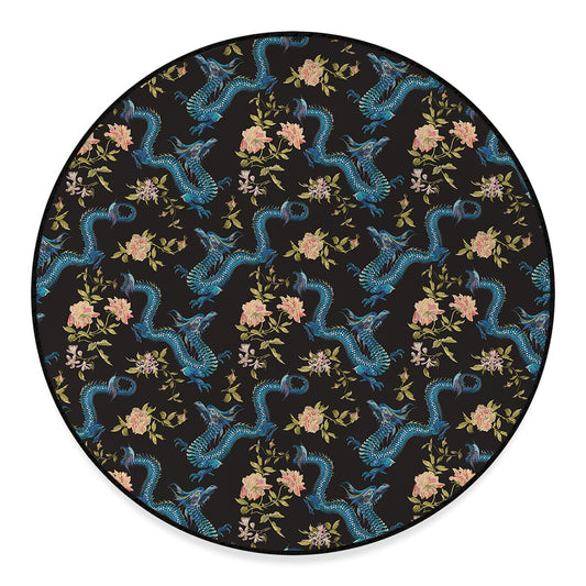 Chinese Dragon And Flower Pattern Print Round Floor Mat