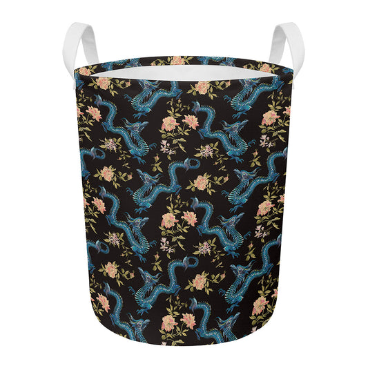 Chinese Dragon And Flower Pattern Print Round Laundry Basket