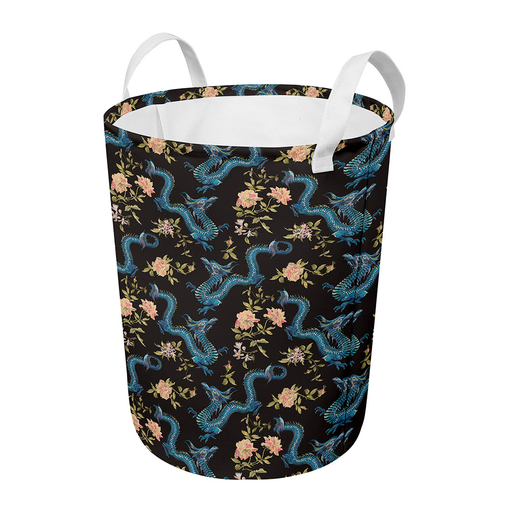Chinese Dragon And Flower Pattern Print Round Laundry Basket