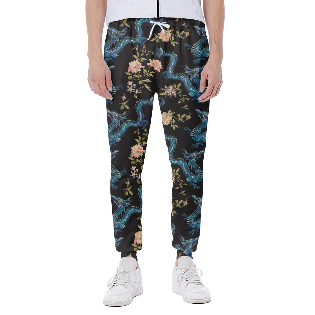Chinese Dragon And Flower Pattern Print Scuba Joggers