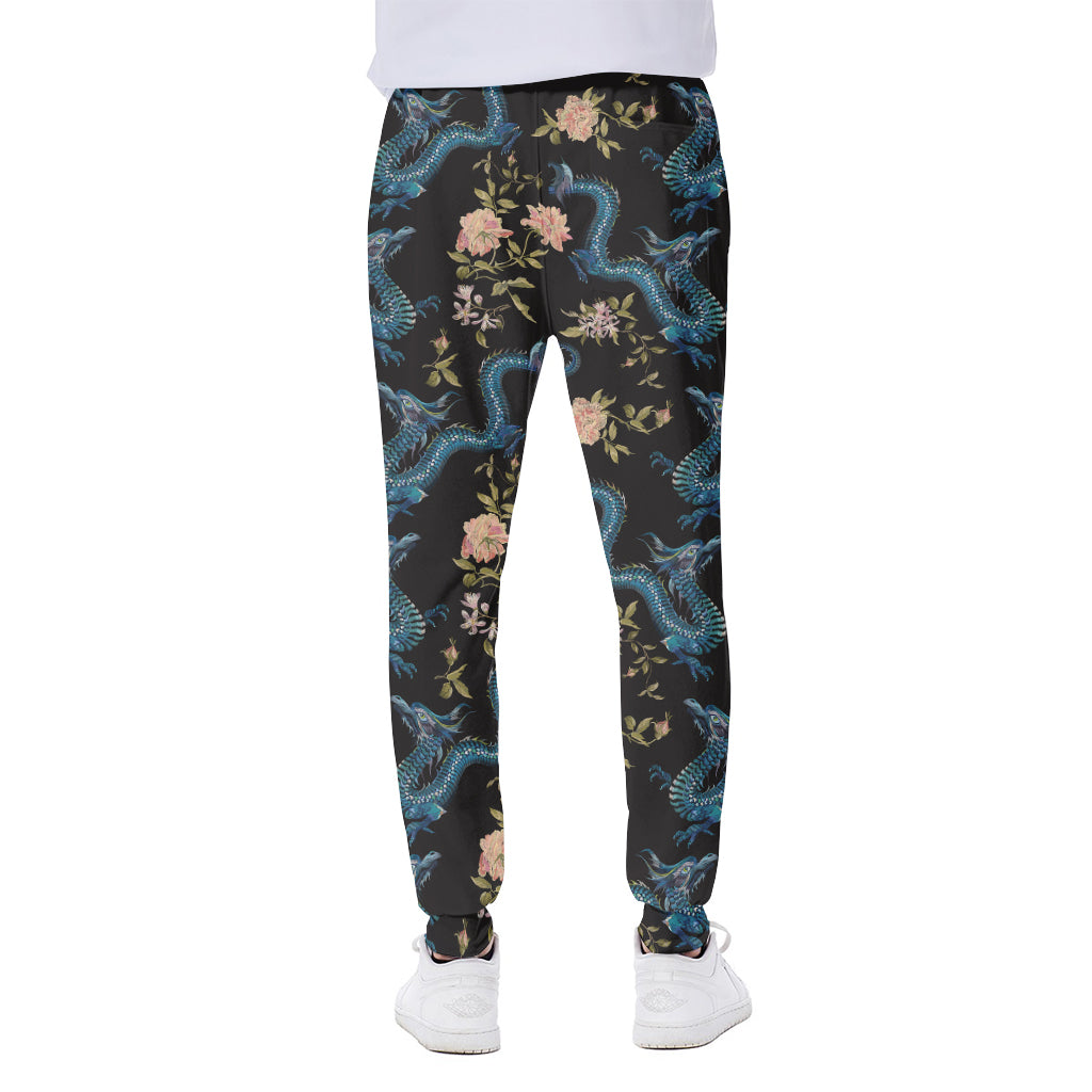 Chinese Dragon And Flower Pattern Print Scuba Joggers