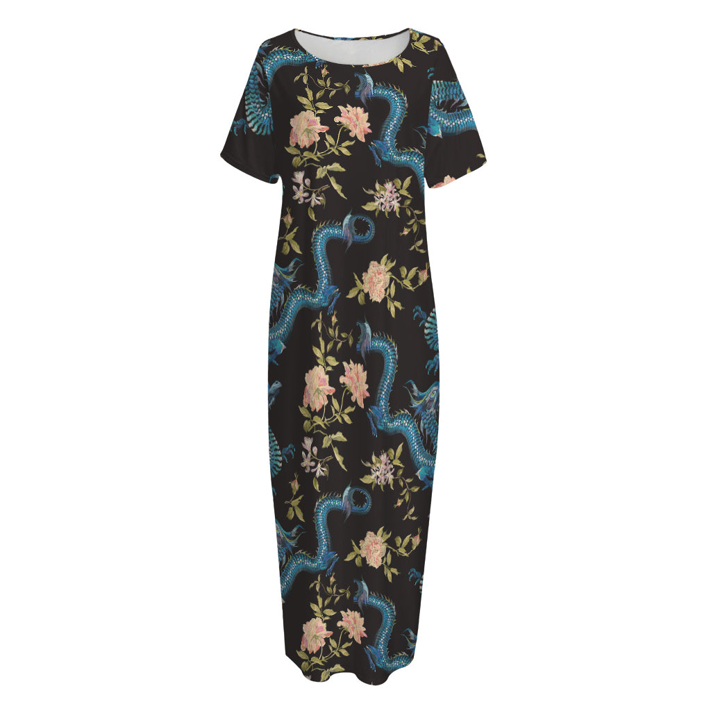 Chinese Dragon And Flower Pattern Print Short Sleeve Long Nightdress