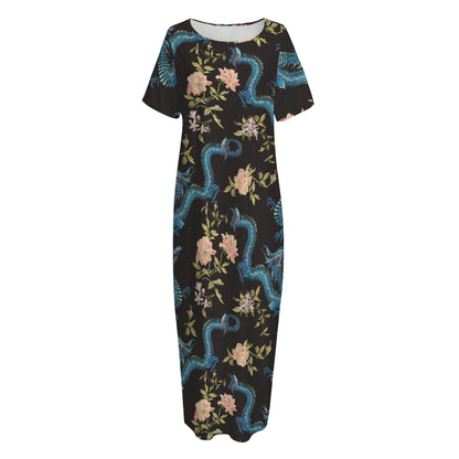 Chinese Dragon And Flower Pattern Print Short Sleeve Long Nightdress