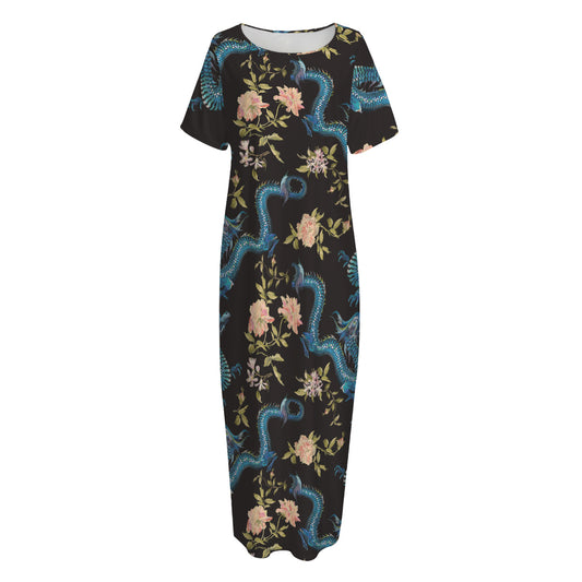 Chinese Dragon And Flower Pattern Print Short Sleeve Long Nightdress