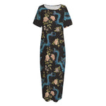 Chinese Dragon And Flower Pattern Print Short Sleeve Long Nightdress