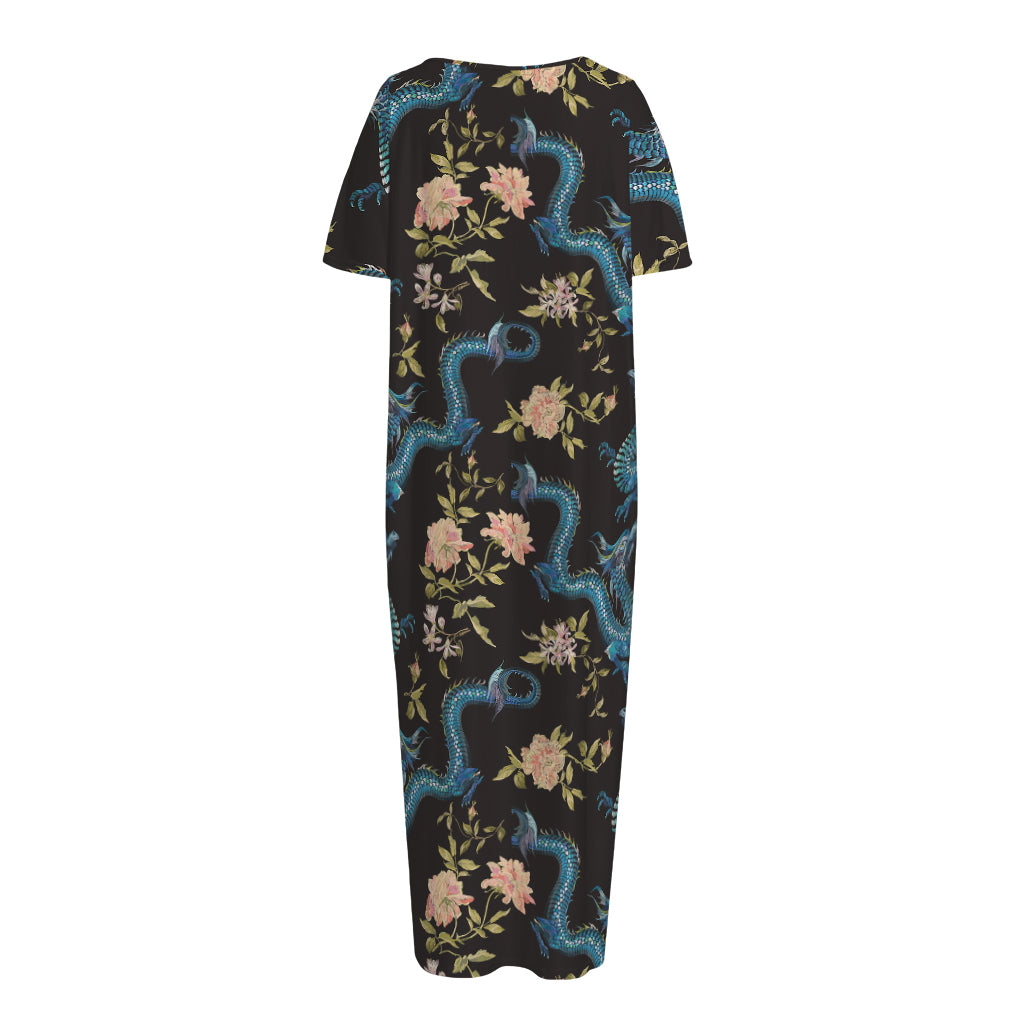 Chinese Dragon And Flower Pattern Print Short Sleeve Long Nightdress