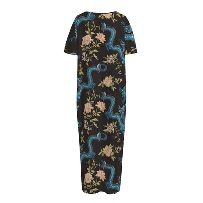 Chinese Dragon And Flower Pattern Print Short Sleeve Long Nightdress