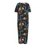 Chinese Dragon And Flower Pattern Print Short Sleeve Long Nightdress