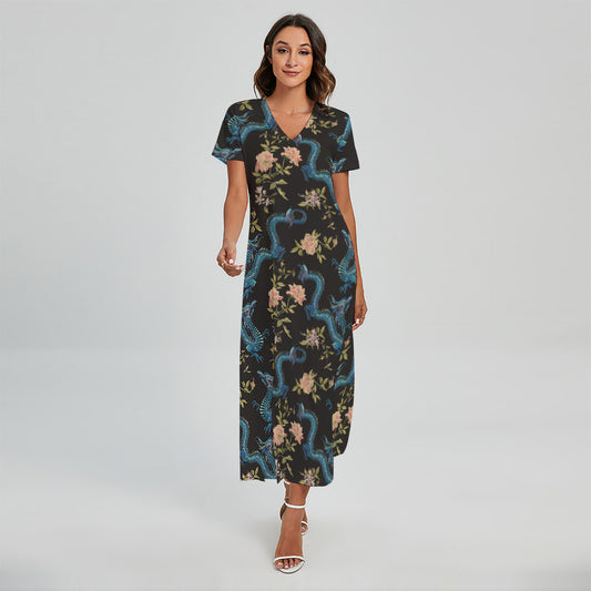 Chinese Dragon And Flower Pattern Print Short Sleeve Maxi Dress