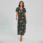 Chinese Dragon And Flower Pattern Print Short Sleeve Maxi Dress