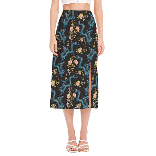 Chinese Dragon And Flower Pattern Print Side Slit Midi Skirt
