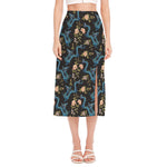 Chinese Dragon And Flower Pattern Print Side Slit Midi Skirt