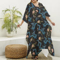 Chinese Dragon And Flower Pattern Print Silk V-Neck Kaftan Dress