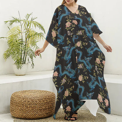 Chinese Dragon And Flower Pattern Print Silk V-Neck Kaftan Dress