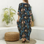 Chinese Dragon And Flower Pattern Print Silk V-Neck Kaftan Dress