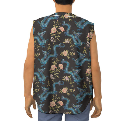 Chinese Dragon And Flower Pattern Print Sleeveless Baseball Jersey