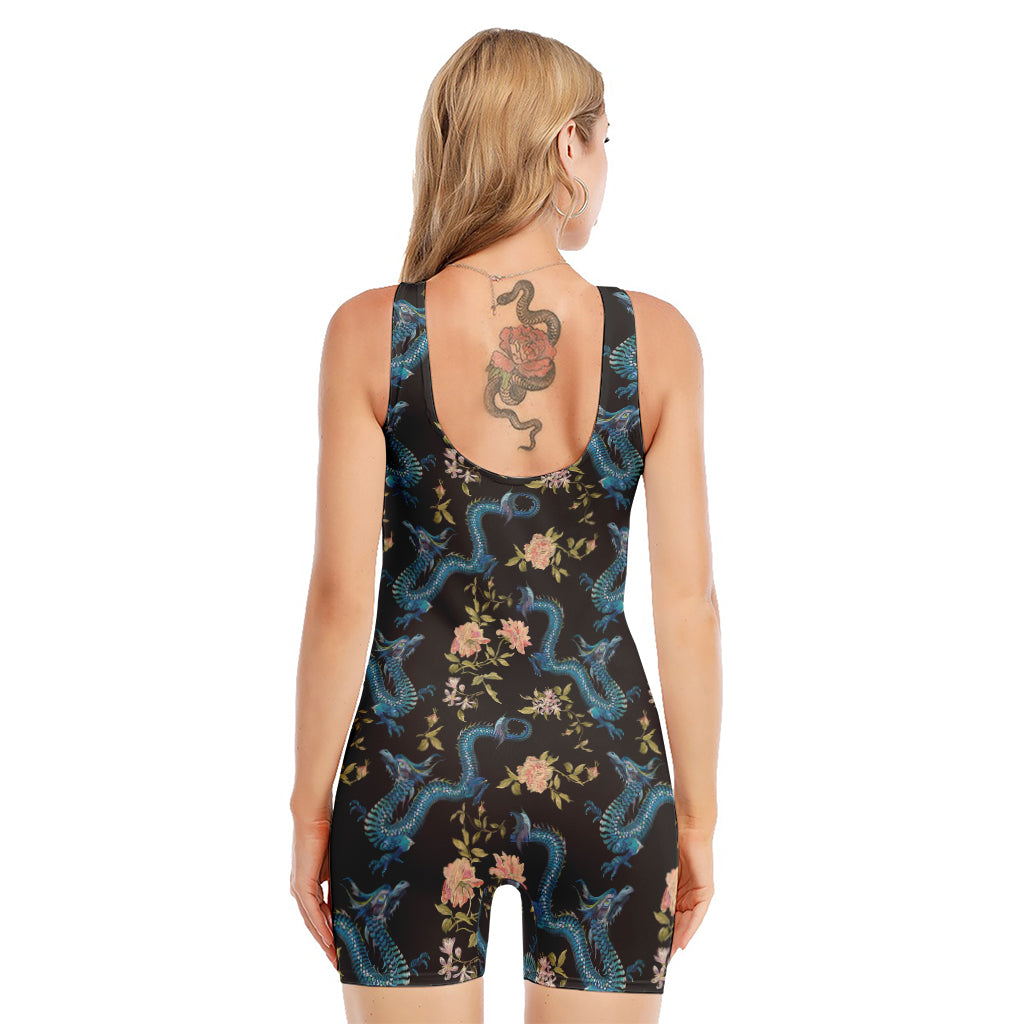 Chinese Dragon And Flower Pattern Print Sleeveless One Piece Swimsuit