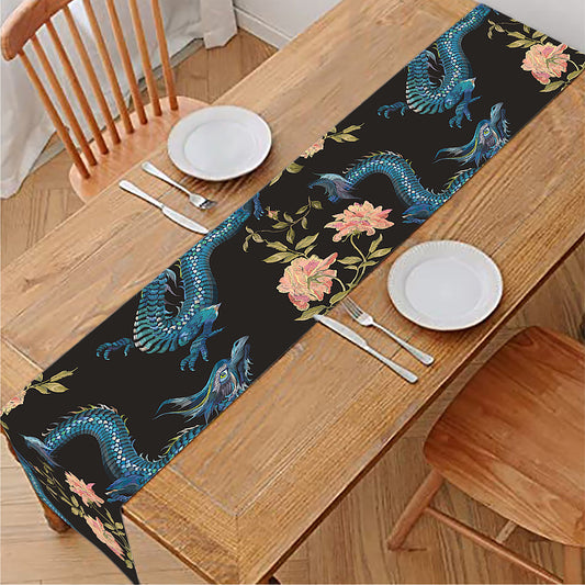Chinese Dragon And Flower Pattern Print Table Runner
