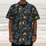 Chinese Dragon And Flower Pattern Print Textured Short Sleeve Shirt