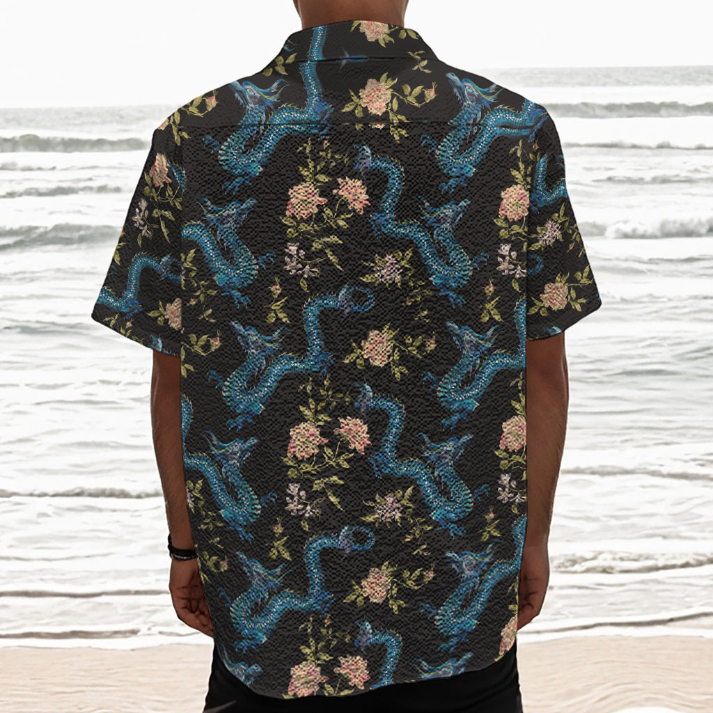 Chinese Dragon And Flower Pattern Print Textured Short Sleeve Shirt