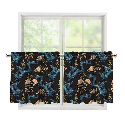 Chinese Dragon And Flower Pattern Print Tier Curtains