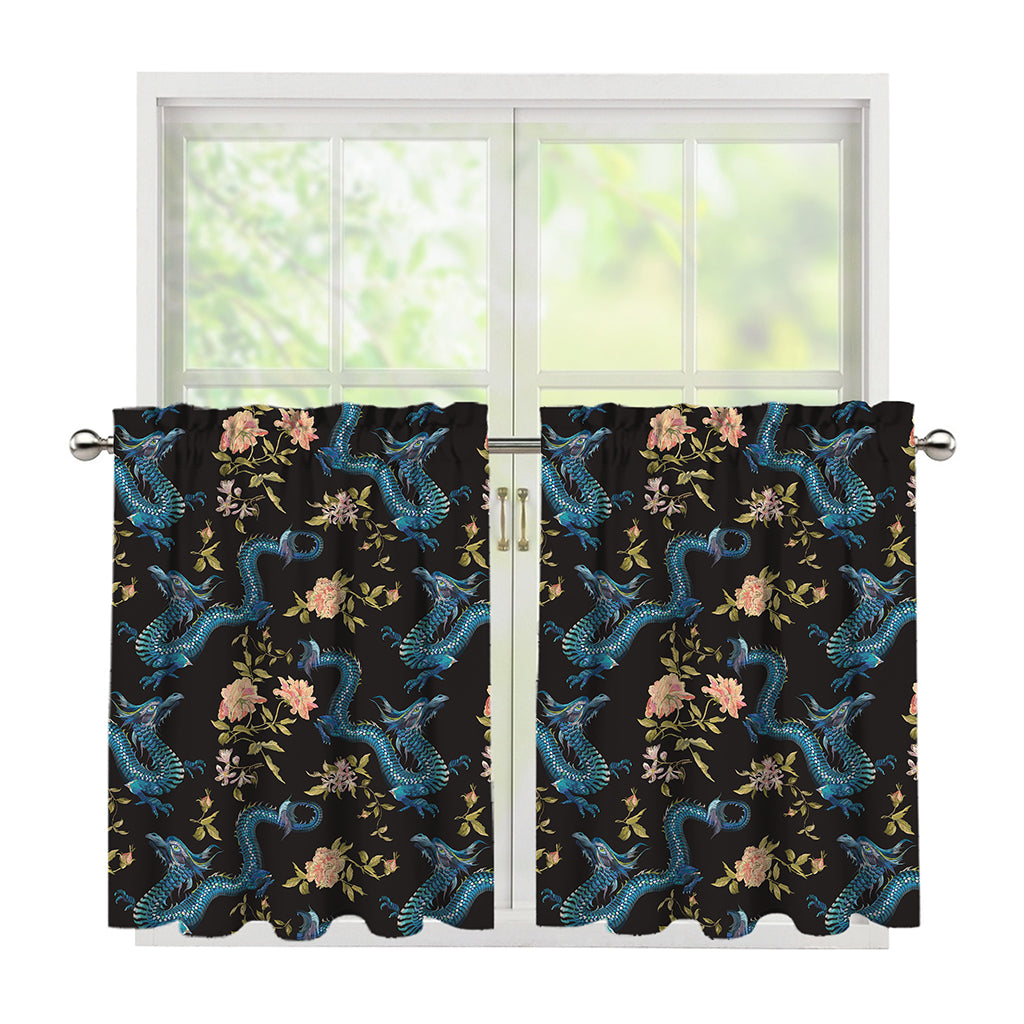 Chinese Dragon And Flower Pattern Print Tier Curtains
